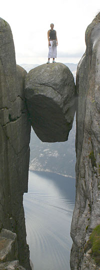Kjeragbolten - one of two vertigo views on this day hike with car from Stavanger Norway